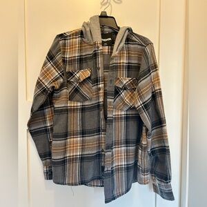 RSQ Gray and Tan Plaid Hooded Shirt. Boys Large.